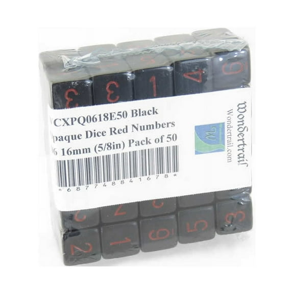 Black Opaque Dice with Red Numbers D6 Aprox 16mm (5/8in) Pack of 50 Wondertrail
