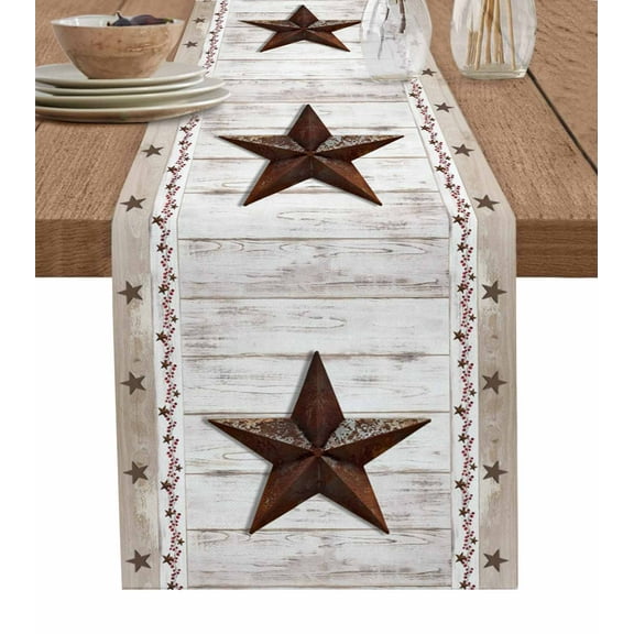 ERUNPONLY American Country Table Runner - 72 Inch Long Farmhouse Barn Star Brown Berry Cotton and Linen Blended Dress Scarves Farmhouse Table Runner for Kitchen Dining, Coffee Table, 16"x72"