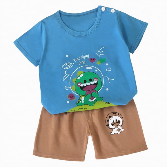 TOWED22 Newborn Baby Boy Outfits 2 Pieces Cotton Crewneck Short Sleeve Top Tee Dinosaur Print Casual Cargo Shorts Truck Clothes(Blue,2-3 Y)