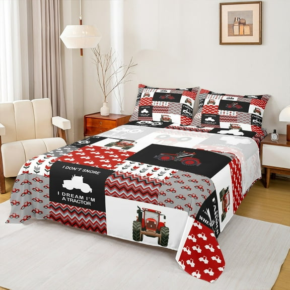 Manfei Cartoon Tractor Twin Sheet Sets,Rustic Farmhouse Cabin Twin Fitted Sheet,Red White Black Patchwork Plaid Flat Sheet For Boys,Super Cozy Room Decor,3pcs