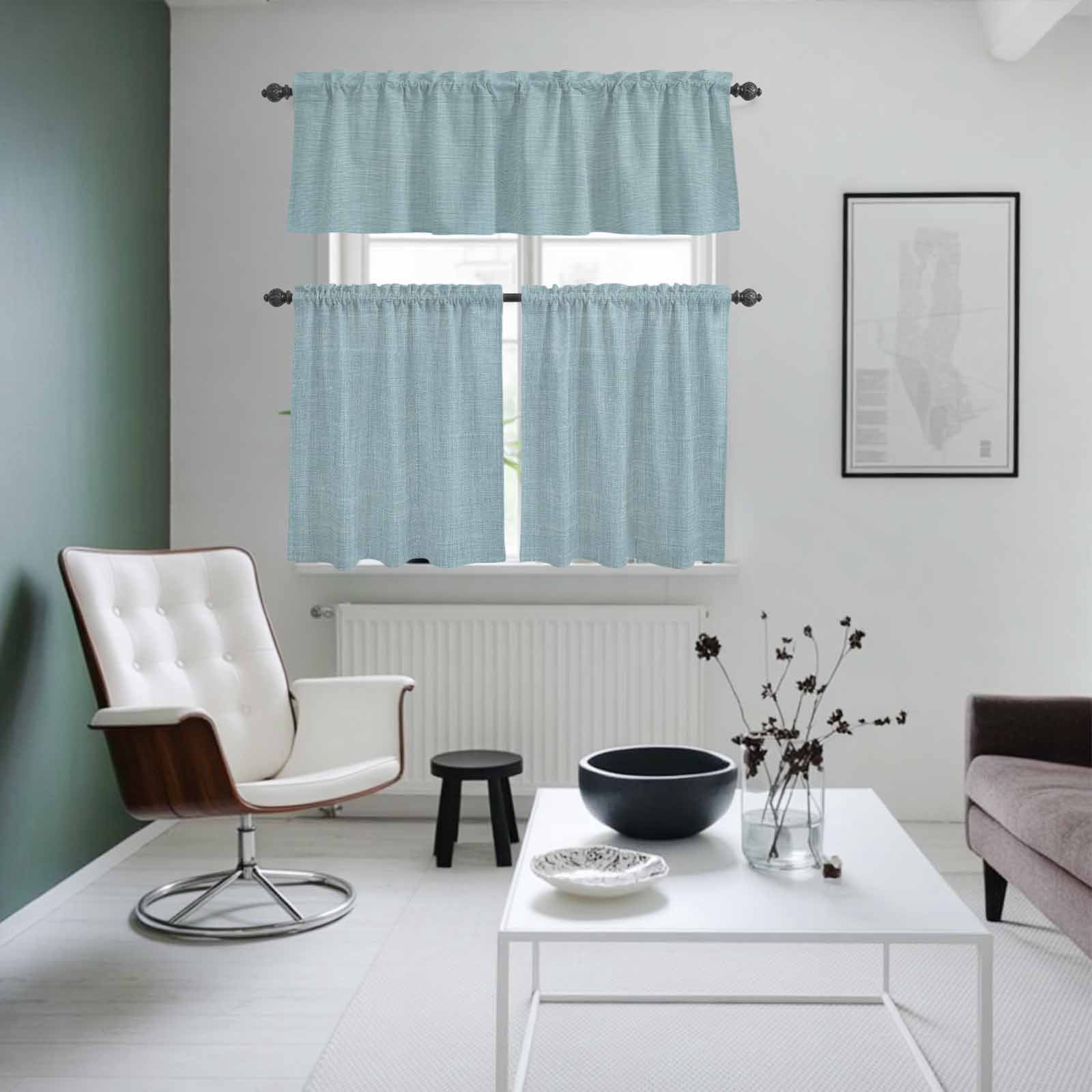 Vintage Haze Blue Kitchen Curtains Sets for Windows 36 Inch Length, Farmhouse Retro Solid Color Linen Texture Rod Pocket Window Treatments Tier Curtains and Valances Set for Bedroom/Bathroom
