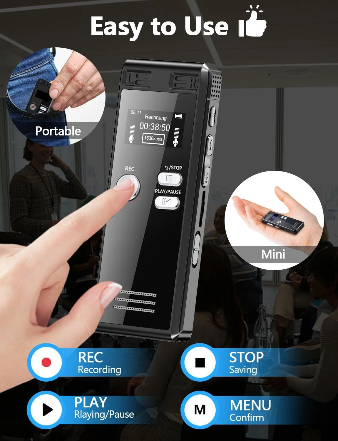 64GB Digital Voice Activated Recorder with Playback - 4552 Hours Audio Record