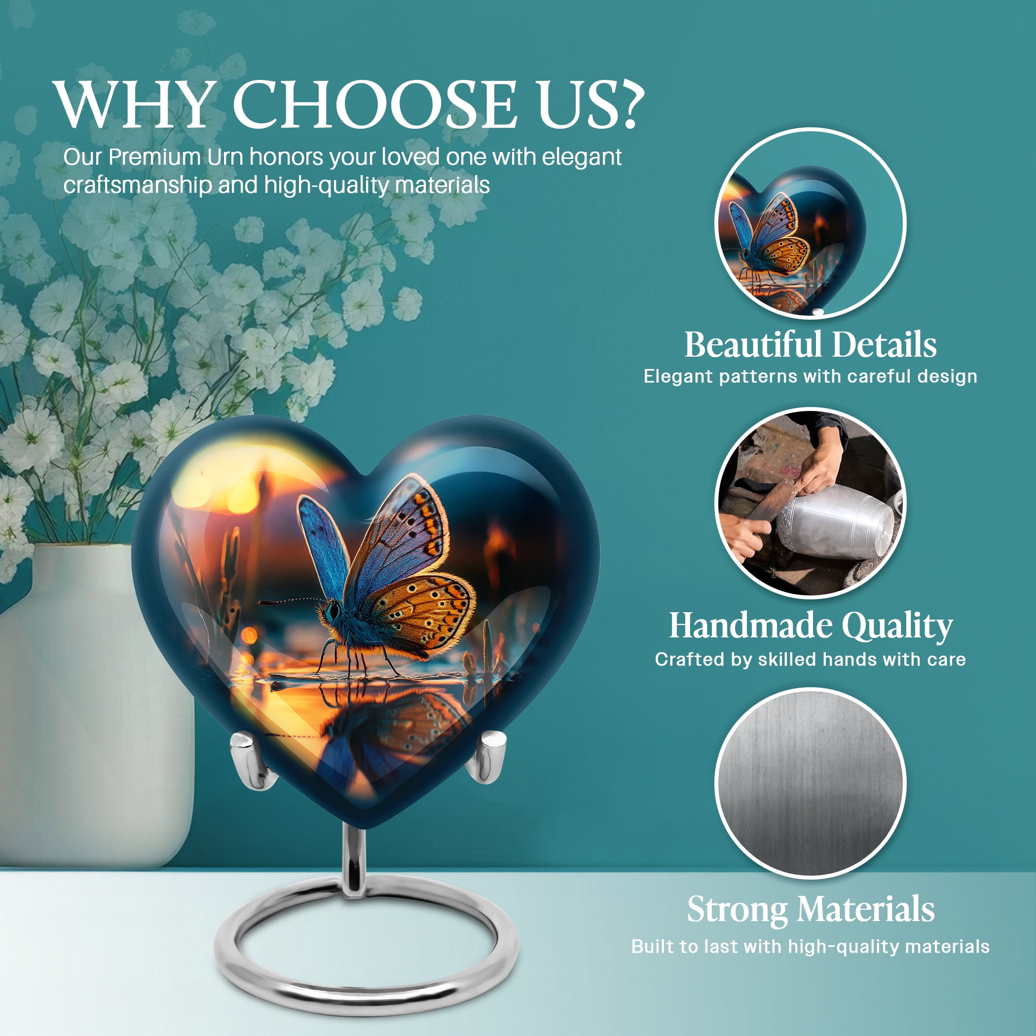 SABURIAL Butterfly Urn - Beautiful Cremation Urns For Mom & Dad Ash - Unique Memorial Urn For Adult Women Ashes - Beautiful Handmade Urns For Ash - Combo - 8 Inch Large & 3 Inch