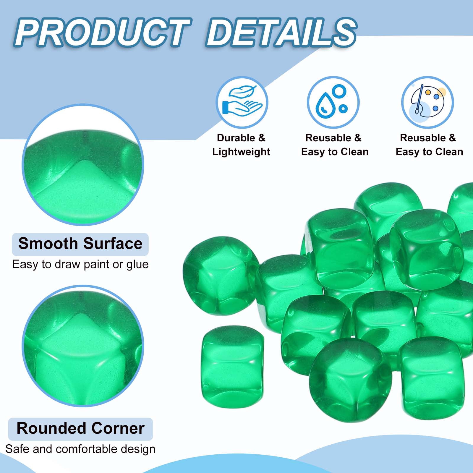 16 mm Clear Acrylic Dice Blank, 100 Pcs Rounded Corner Blank Dice with Smoothed Surface Six Sided for Board, Green