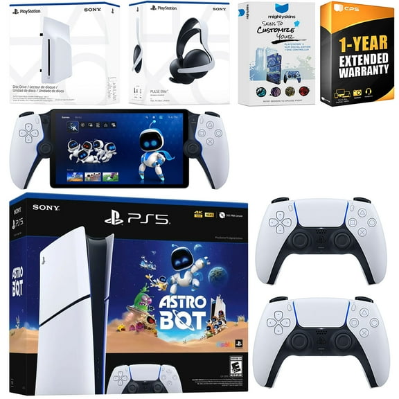 Sony PlayStation 5 Astro Bot Slim Digital Bundle with Disc Drive, Pulse Elite Headset, Extra Controller, PlayStation Portal, MightySkins Voucher and 1 Year Extended Warranty - Glacier White