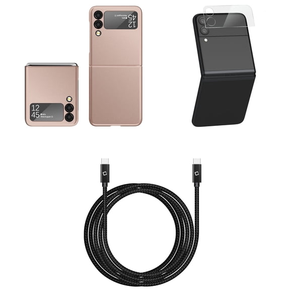 Bemz Accessory Bundle for Galaxy Z Flip 3 5G: Slim Rubberized Matte Snap On Case (Rose Gold Pink), Rear Camera Glass Screen Protector, Heavy Duty USB-C to USB-C Cable (4ft)