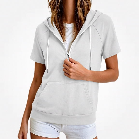 DJDLJWCJ Women's Full Zip Up Hoodie Plus Size Long Hoodies Sweatshirts Solid Color Short Sleeve Tops White Size M