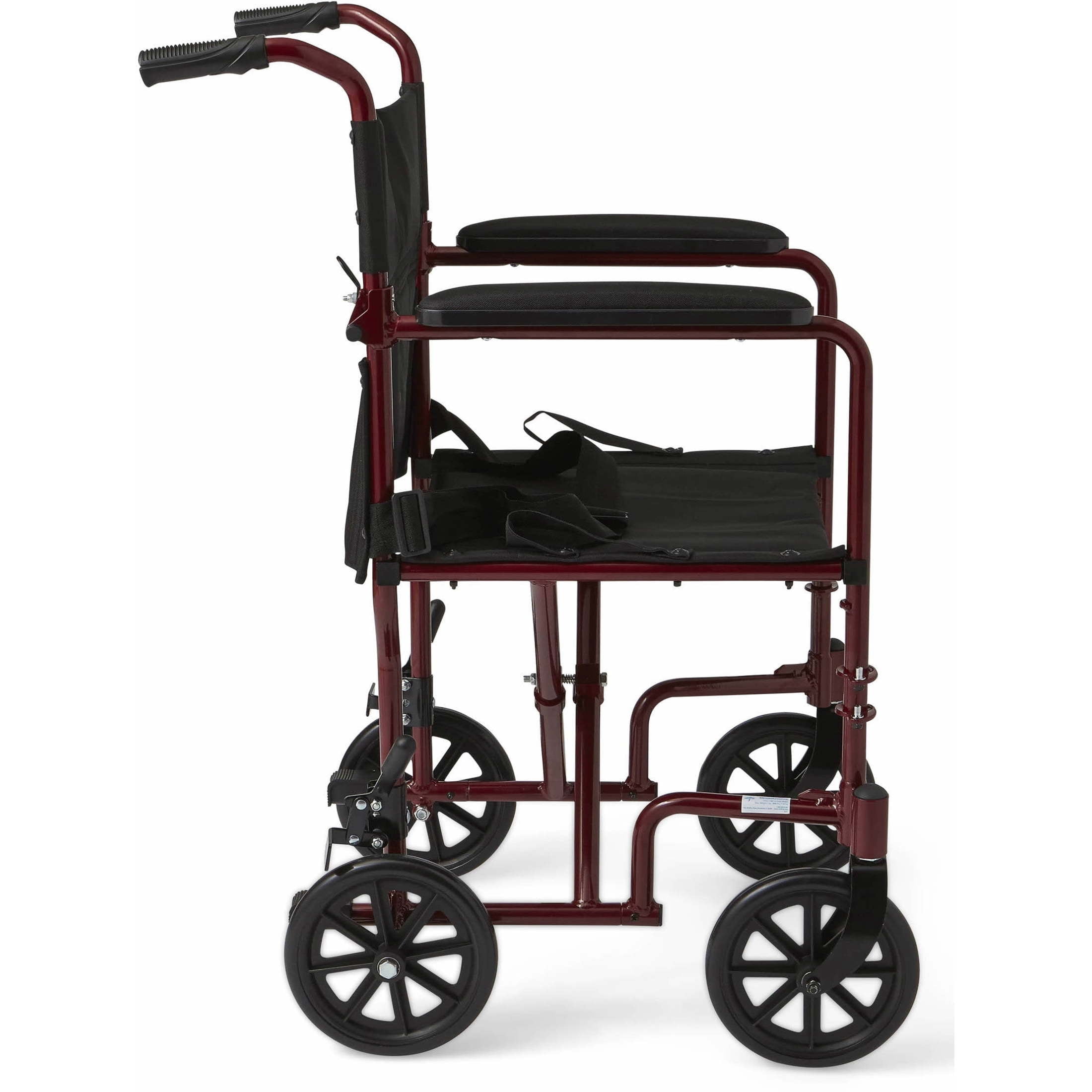 Medline Aluminum Transport Wheelchair with 8 in Wheels, Swing Away Footrests and Permanent Full-Length Arms, Red