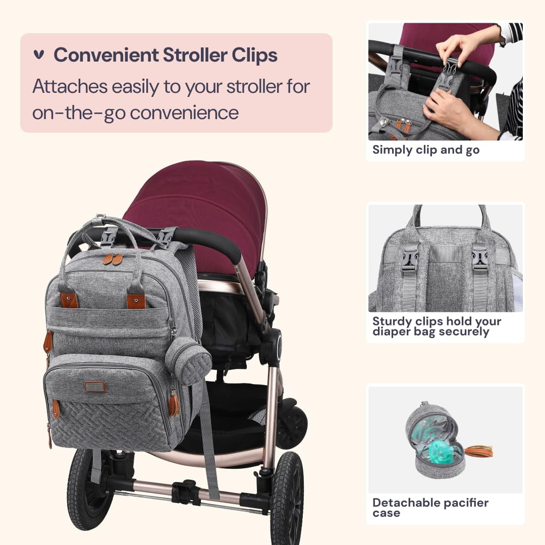BabbleRoo Diaper Bag Backpack, Multifunction Original Baby Diaper Bag with Insulated Pockets, Light Gray