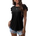 thumbnail image 1 of Camiseta de manga con volantes para mujer, cuello redondo, blusa informal holgada de color puro para verano, negro S, 1 of 3