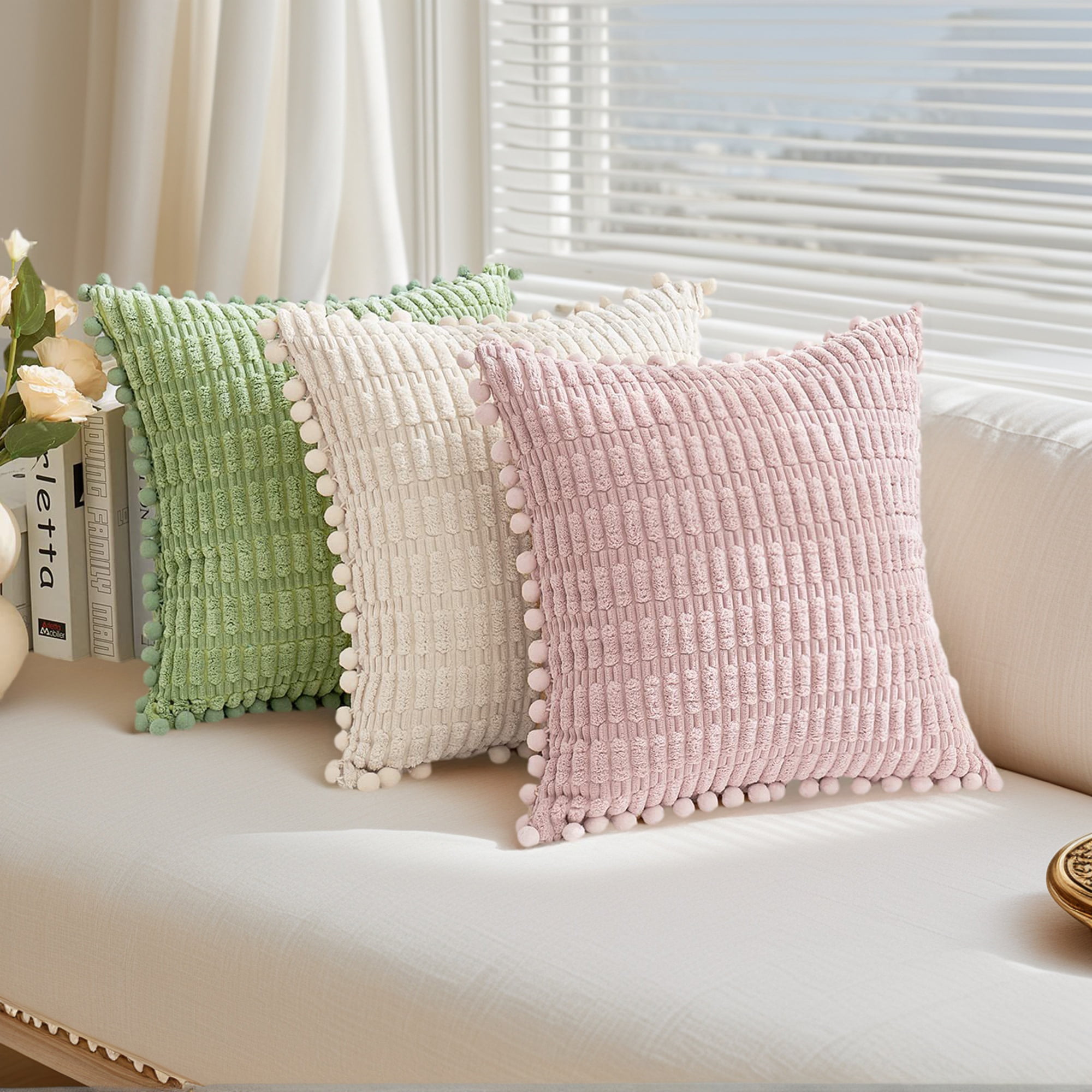 Unique Bargains Set of 2 Corduroy Throw Pillow Covers with Pom-pom Edges 20" x 12" Pink