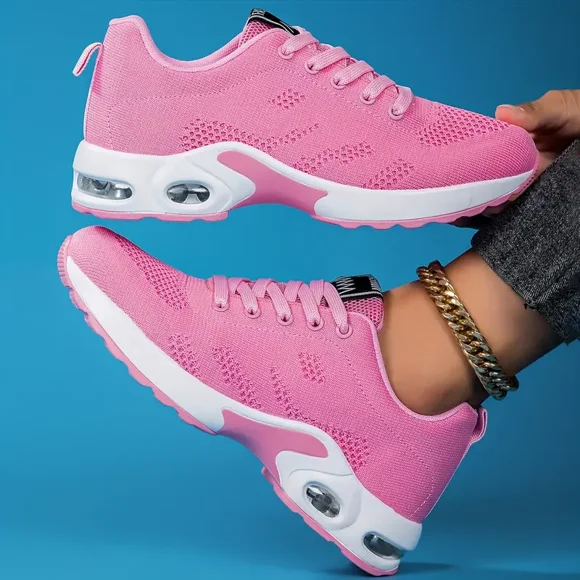Women's Air Cushion Sneakers, Flying Woven Shock Absorbing Running Shoes, Lace Up Comfortable Outdoor Sports ShoesPink36