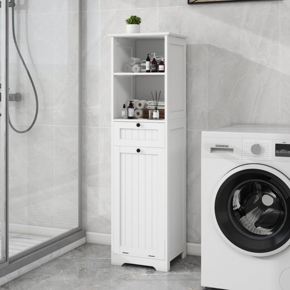 White Slim Tilt-Out Laundry Sorter Cabinet – Narrow Space Clutter Organizer with Drawer for Bathroom,Laundry Room