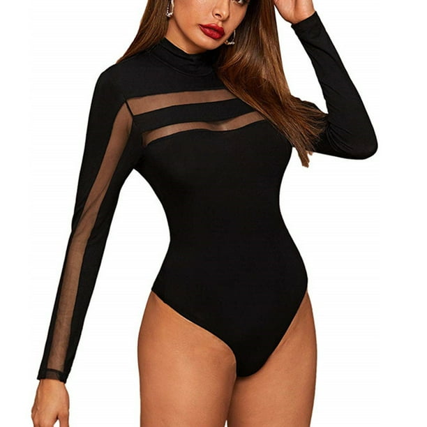 Fortune Women Mesh Sheer Bodysuit Long Sleeve Leotard Tops Slim