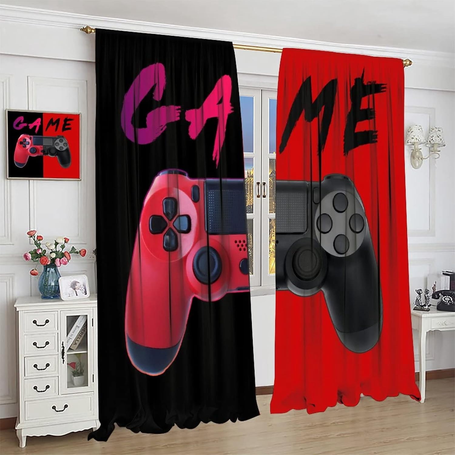 Video Game Curtains, Gamepad Red Blackout Window Drape Boys Bedroom Drapes Art Printed Living Room Decor 42'''' W x 84'''' L x2【Blackout】 Game-4