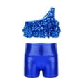thumbnail image 3 of TSSOE Kids Girls 2-Piece Dance Outfits Hip Hop Jazz Cheer Dance Suits Shiny One Shoulder Crop Top and Booty Short Set Royal Blue 4, 3 of 5
