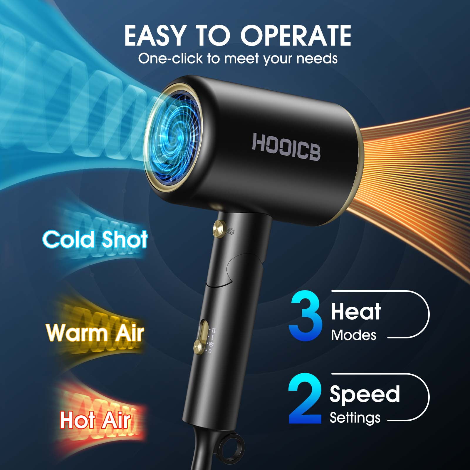 HOOICB Hair Dryer, Professional Ionic Blow Dryer with Diffuser and Concentrator Nozzle, Foldable Design, Fast Drying and Styling, Black