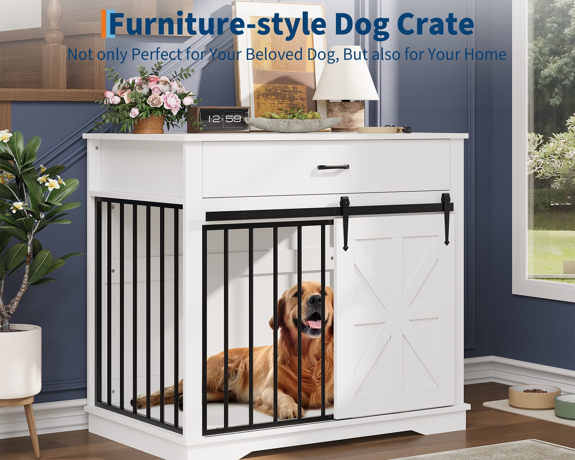 Ladcaser Dog Crate Furniture 37.8" Large Dog Kennel Indoor, Wooden Kennel Table, Indoor Dog House for Large/Medium/Small Dogs