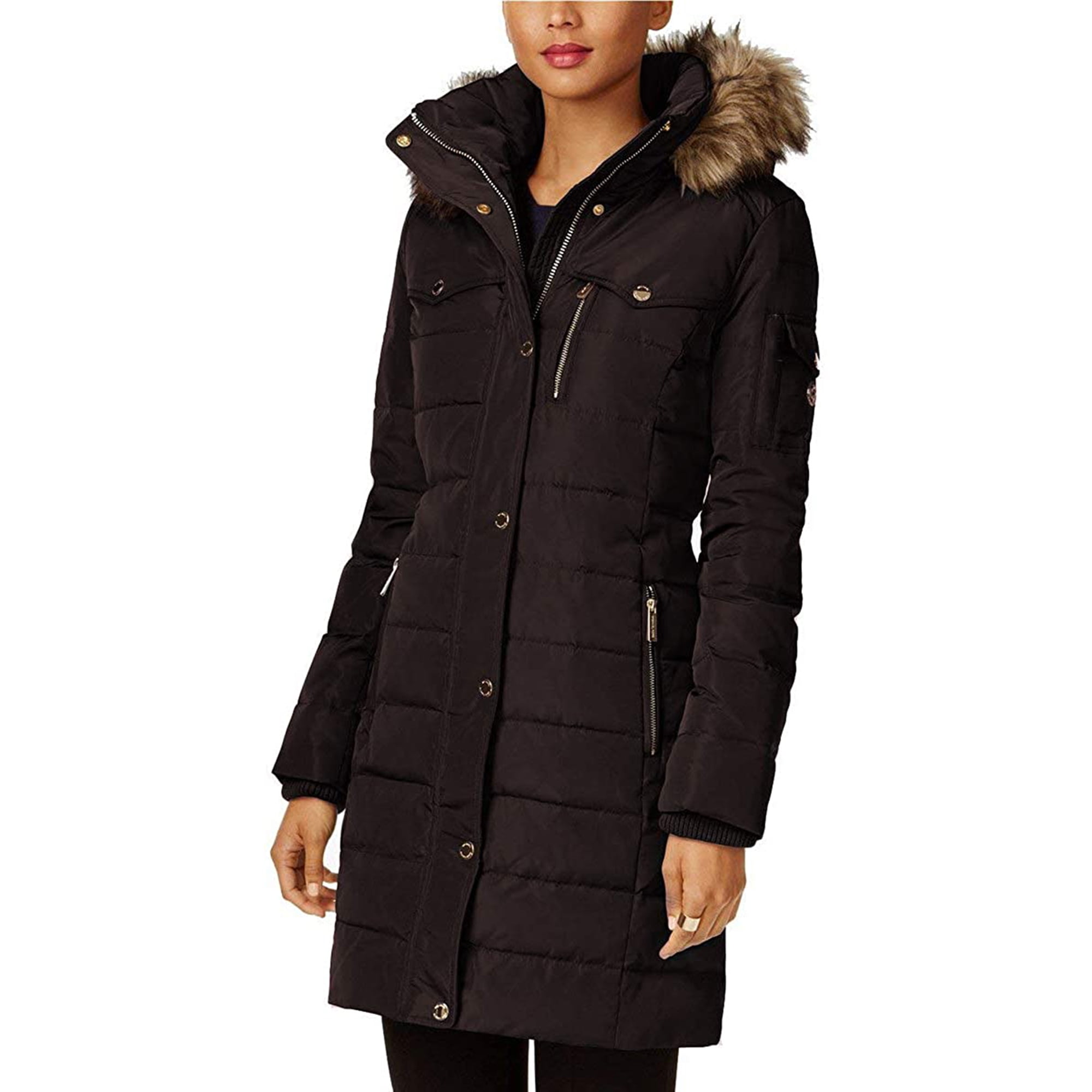 Michael Kors Women Chocolate Brown Down Coat - Zipper Closure Puffer Coat  for Women With Faux-Fur Trim Hood - Imported Women Winter Coat with  Removable Hood, Stand Collar & Zipper Pockets -