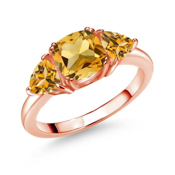 Gem Stone King 18K Rose Gold Plated Silver Yellow Citrine 3 Stone Engagement Ring for Women (2.22 Cttw, Gemstone November Birthstone, Available in Size 5, 6, 7, 8, 9)