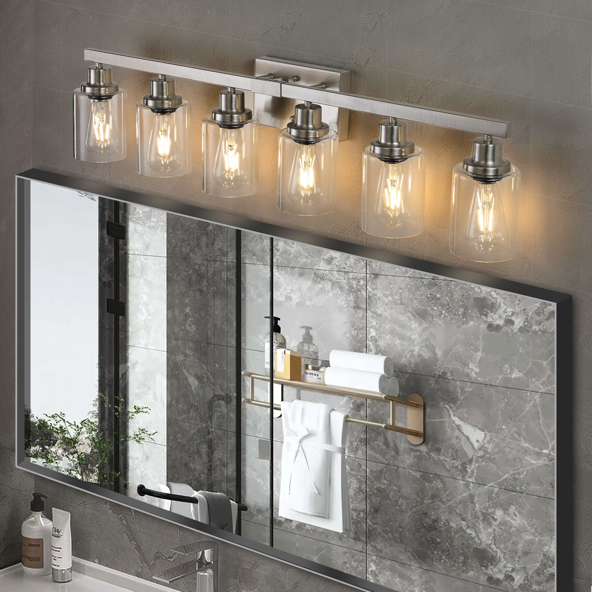 37-inch Modern 6-Light Bathroom Vanity Light Fixture, Brushed Nickel Finish with Clear Glass Shades, for Bathroom Mirror, Vanity, Dressing Area