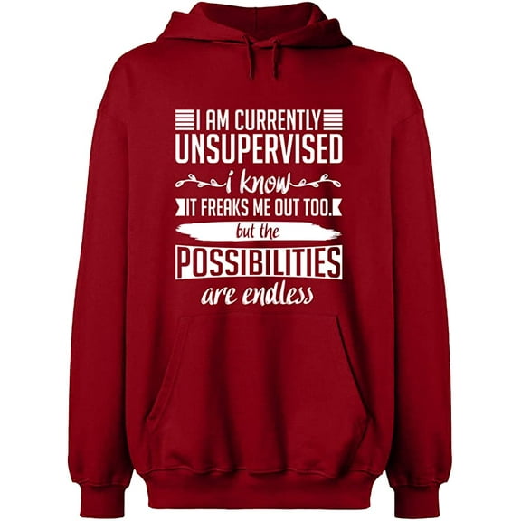 Unisex Hoodie Sweatshirt, I am Currently Unsupervised, Slim Fit, Long Sleeve Sweater - Antiquee Cherry Small