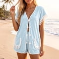 thumbnail image 2 of Likimi 2 Piece Sets For Women With Tassels Shorts Sleeve V Neck Solid Color Pocket Top With High Waist Shorts Summer Breathable Soft Outfit Set Blue Size L, 2 of 5