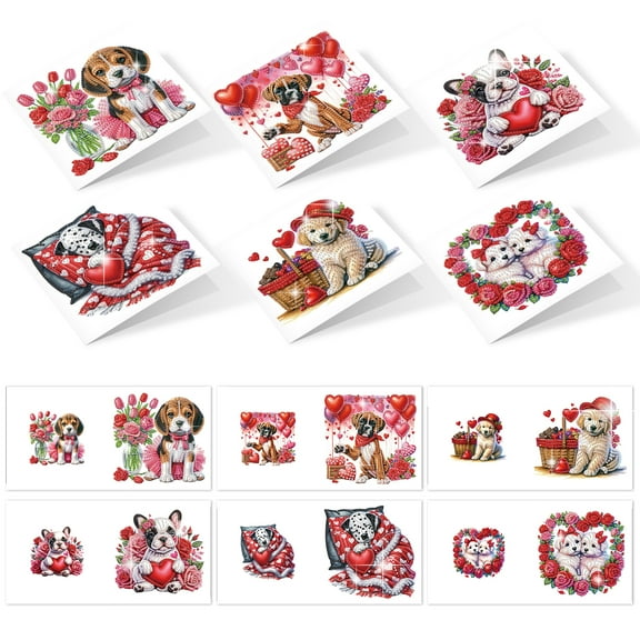 6pcs Diamond Painting Kit Greeting Cards, Heart-Shaped Puppy Design 5D Handmade Art Birthday Holiday Cards with Envelopes, Christmas Gift