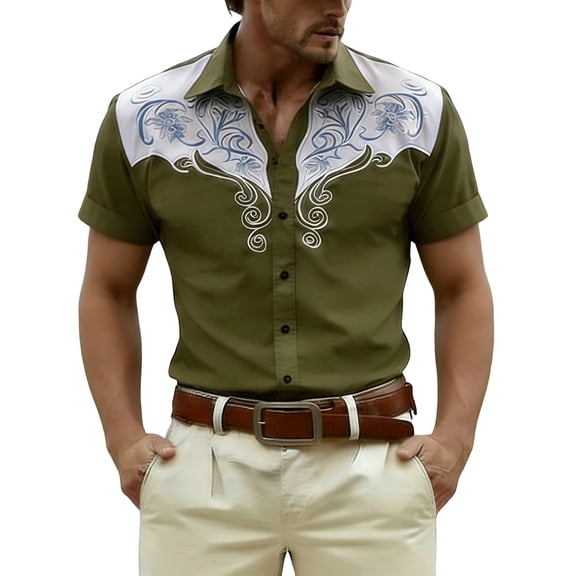 CONZONE Mens Buttons Down Shirts Short Sleeve Shirts for Men Trendy Western Cowboy Graphic Lapel Soft Lightweight Tops
