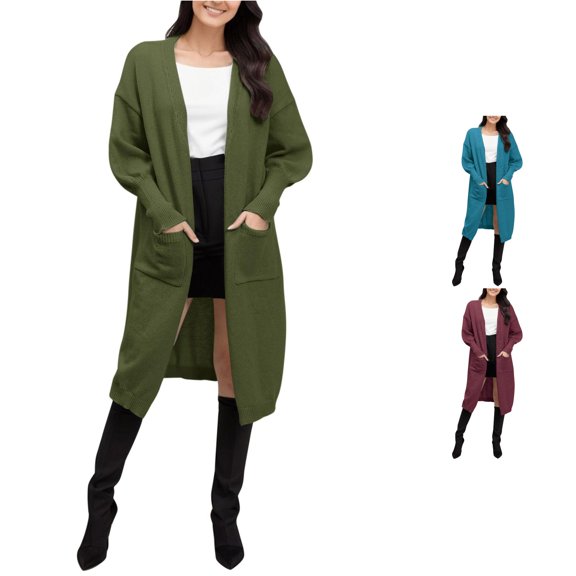 HCYSFG Womens Solid Color Cardigan Sweater Open Front Long Sleeve Front Pockets Longline Knit Loose Fit Casual Layering Tops