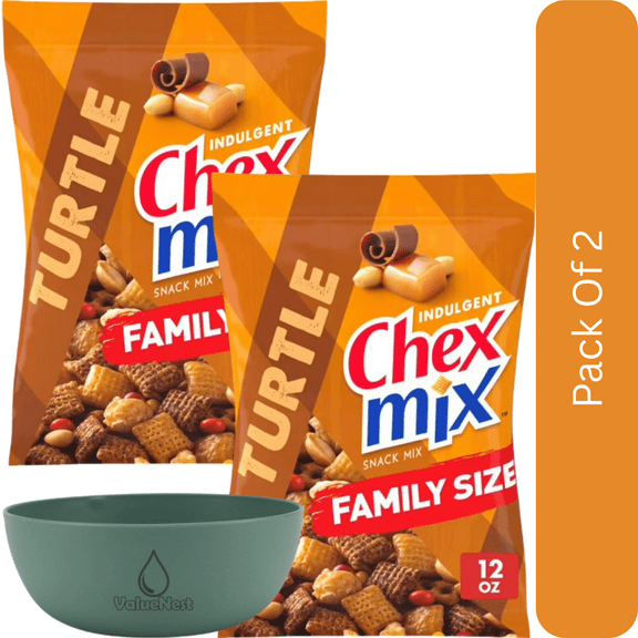 Chex Mix Turtle Snack Mix, Family Size, 13.5 oz-2pk, With Olive Green Bowl By ValueNest