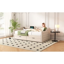 Upholstered Daybed with Storage Drawers, Wood Daybed Twin Size, No Box Spring Needed, Beige