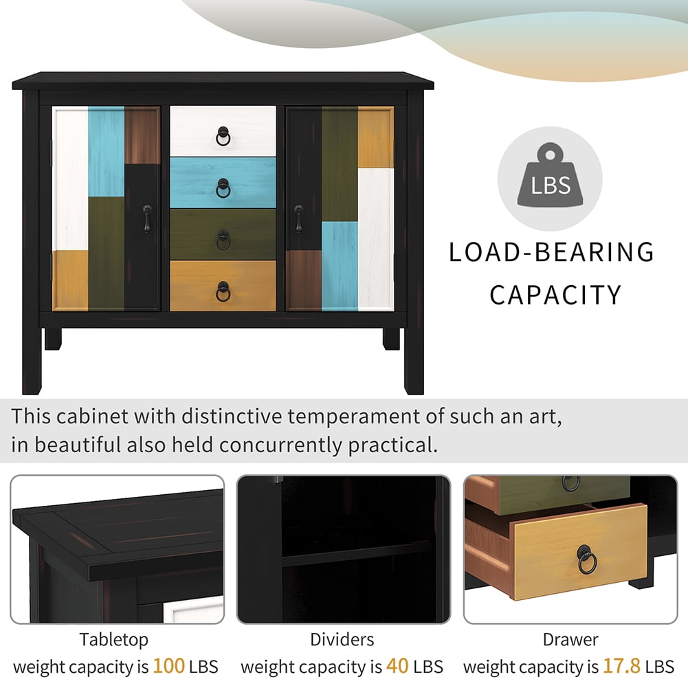 Lowestbest Colorful Pine Wooden Console Table, Sofa Table with Four Drawers and Two Large Cabinets (Black) Lowestbest Colorful Pine Wooden Console Table, Sofa Table with Four Drawers and Two Large Cabinets (Black)