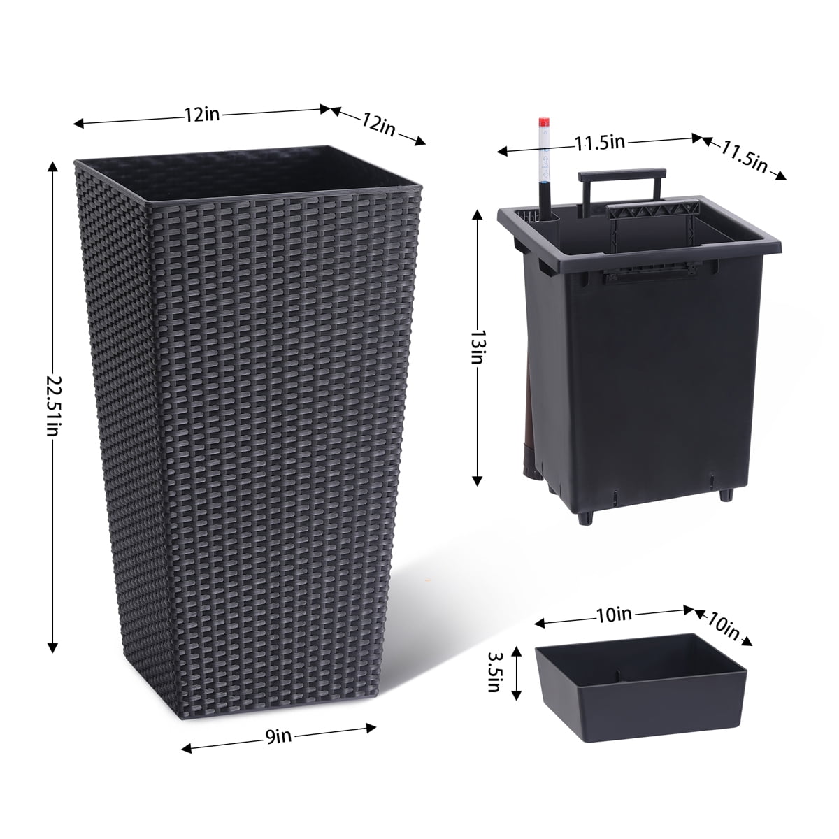 Faitaliicy 2-Pack 23" Tall Planter Modern Square Rattan Plant Pot Outdoor Indoor Large Garden Plant Pots Tree Flower Pot With Self-Watering Drain Holes Water Level Monito For Front Porch Patio