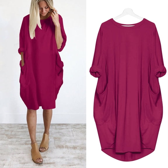 ZHOGXU Women's Dress Long Sleeve Round Neck Solid Color Fashion Comfortable Loose Fit Dresses With Pockets For Casual Daily Wear,Hot Pink,L