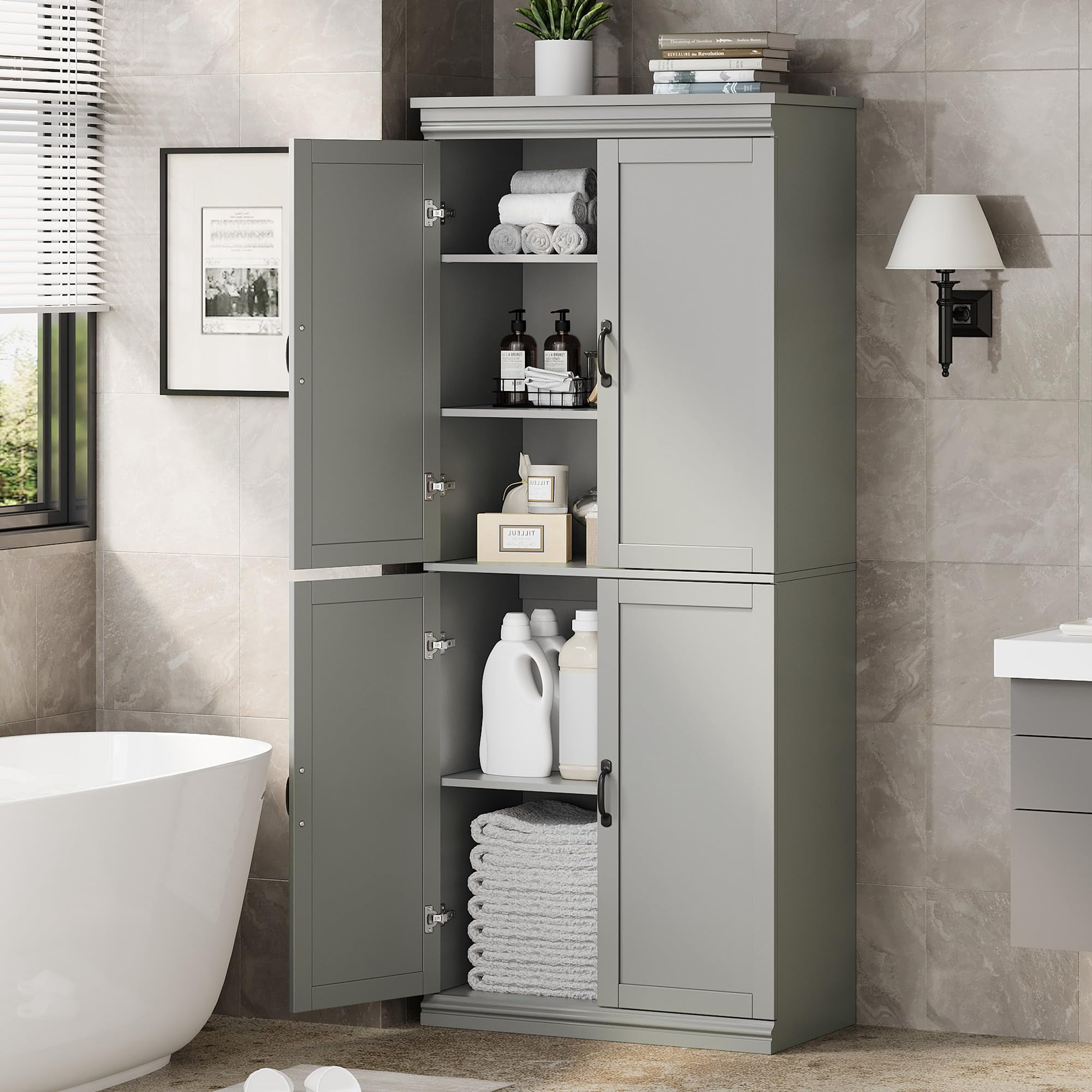 BouPower Pantry Cabinet,70" Tall Kitchen Pantry Cabinet with 2 Doors and 3 Adjustable Shelves, Freestanding Cupboard, Modern Tall Storage Cabinet for Bathroom, Dining Room, Living Room