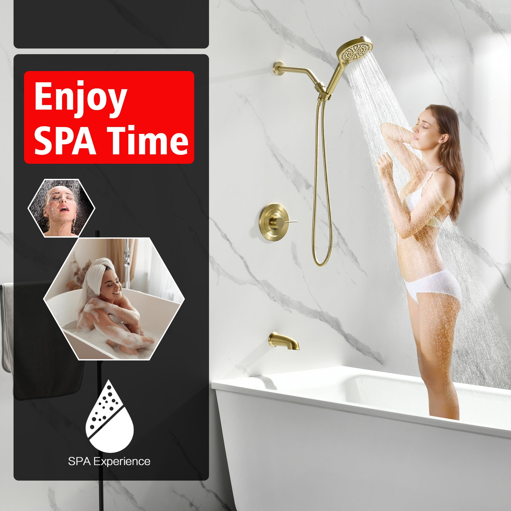 SUMERAIN Brushed Gold Tub and Shower Faucet Set with 6-Spray Filtered Handheld Showerhead, Shower System with Tub Spout