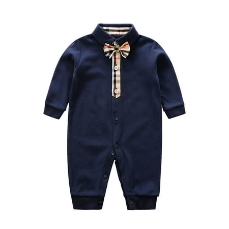 

Baby Romper Boy Formal Suit Bowtie Gentleman Infant Long Sleeve Shirt Outfits Toddler Clothes Dark Blue&Lattice 9-12 Months/80