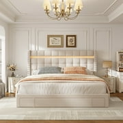 EnHomee Queen Size LED Bed Frame with 3 Storage Drawers Queen Platform Bed Frame Upholstered Bed Frame for Bedroom Beige