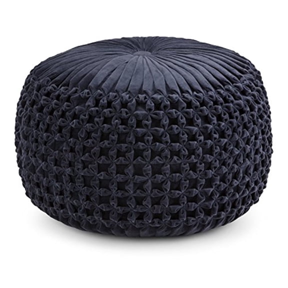 Simpli Home Renee 20 inch Wide Boho Round Pouf in Navy Velvet