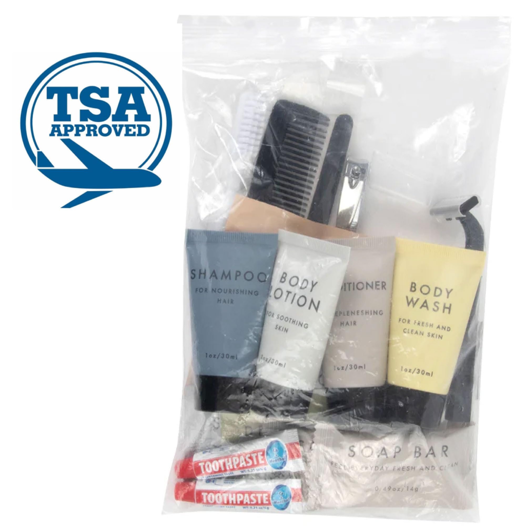 25 Pack of Bulk Wholesale 35 Piece Travel Size Toiletry Kits Containing Shampoo, Conditioner, Body Wash, Body Lotion, Soap Bars, Toothbrush, Toothpaste, Hair Comb, Deodorant and More!