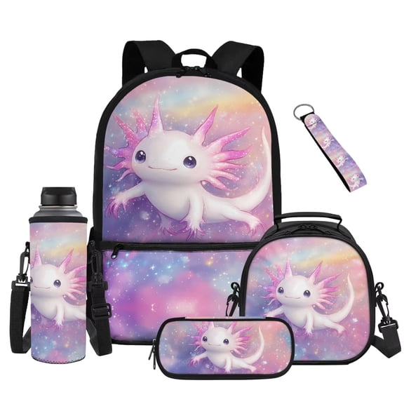 Uorisanigo 5 PCS Kids' Backpacks Set Travel School Girls Backpack Set Bookbag Cute Axolotl Student Book Bag with Lunch Box Pencil Bag Water Bottle Sleeve Keychain for Primary Middle School