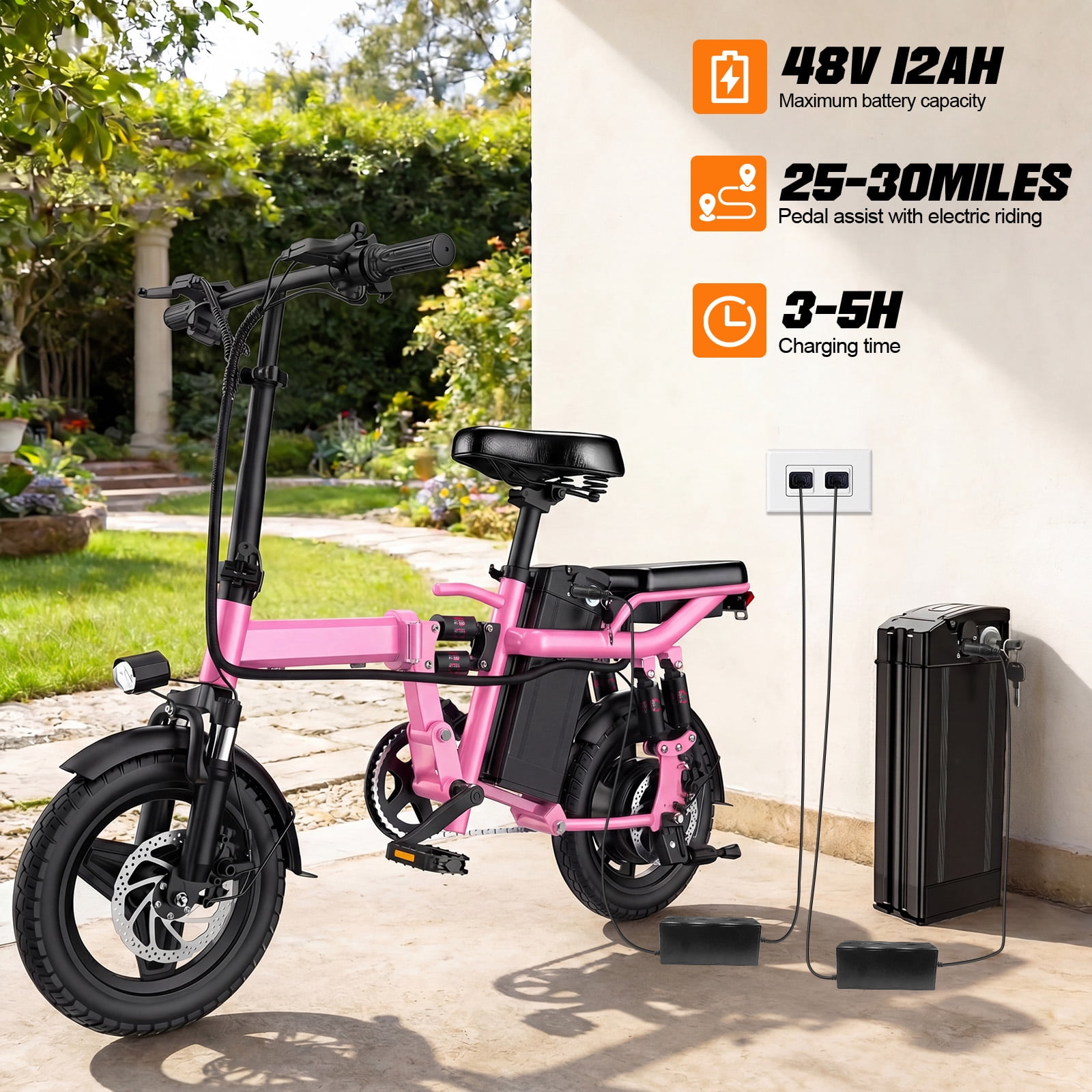 14''Foldable Adult Electric Bike, 48V 12ah 750W Motor, 3-Speed Gearing, Six-Spring Shock Absorber, Front And Rear Led Safety Lights, Portable Design, With Basket/Phone Holder/Lock,Pink