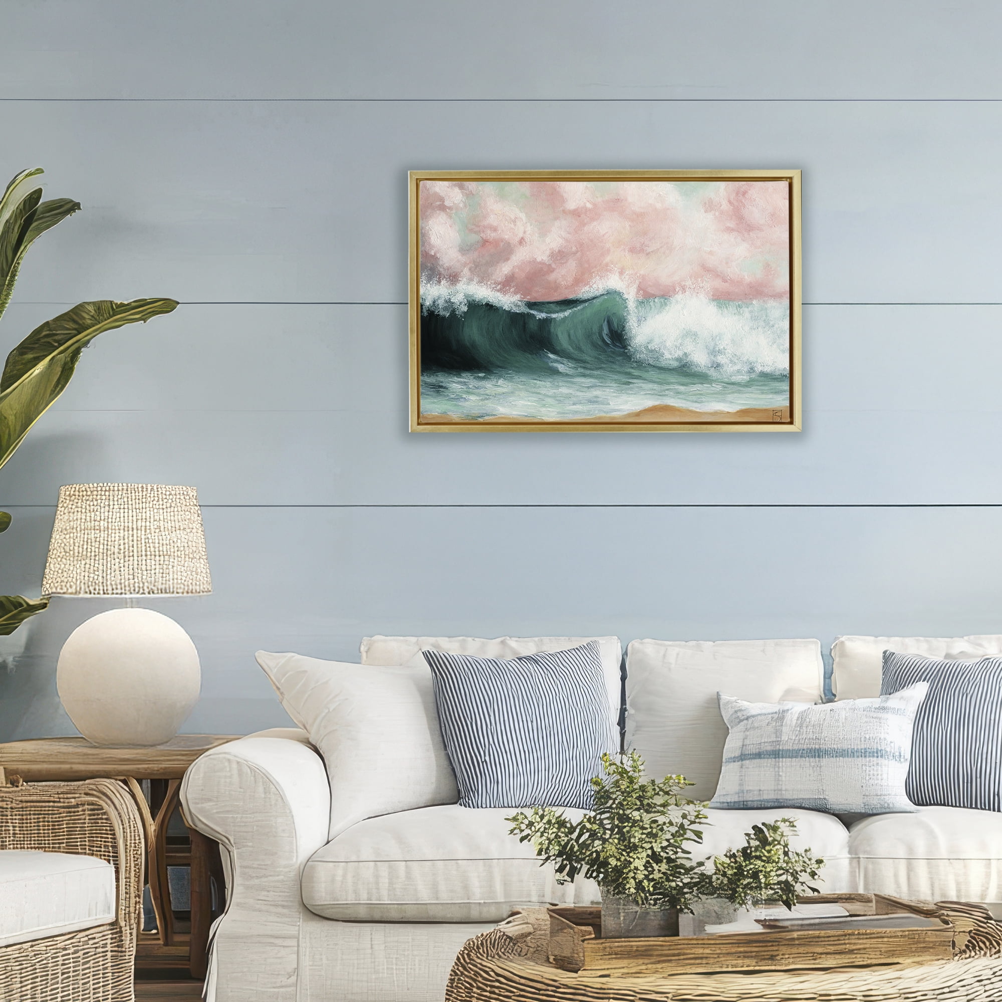 Crashing Seascape Waves Gold Framed Floater Canvas Wall Art, design by Sara Culpepper