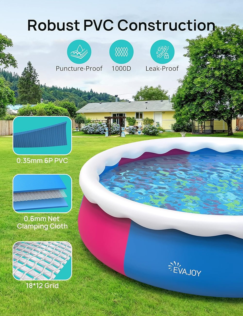 EVAJOY 15ft X 35in Inflatable Top Ring Swimming Pool Set with Pump Blue