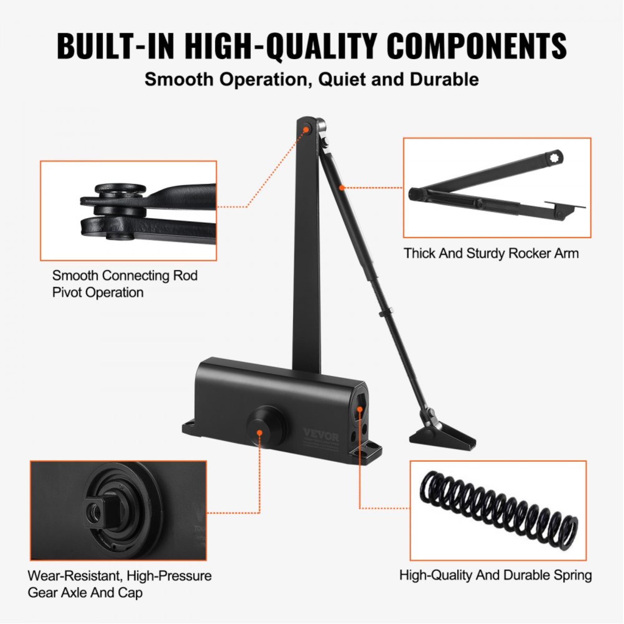 Automatic Door Closer for Commercial or Residential Use, Adjustable Hydraulic Buffer, Heavy Duty Cast Aluminum Body Supports Doors Up to 187 Lbs, Easy Installation - Black