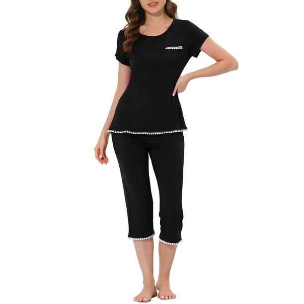Conjunto de pijama de mujer INSPIRE CHIC, ropa de dormir, cuello redondo, ropa de casa con pantalones capri, negro