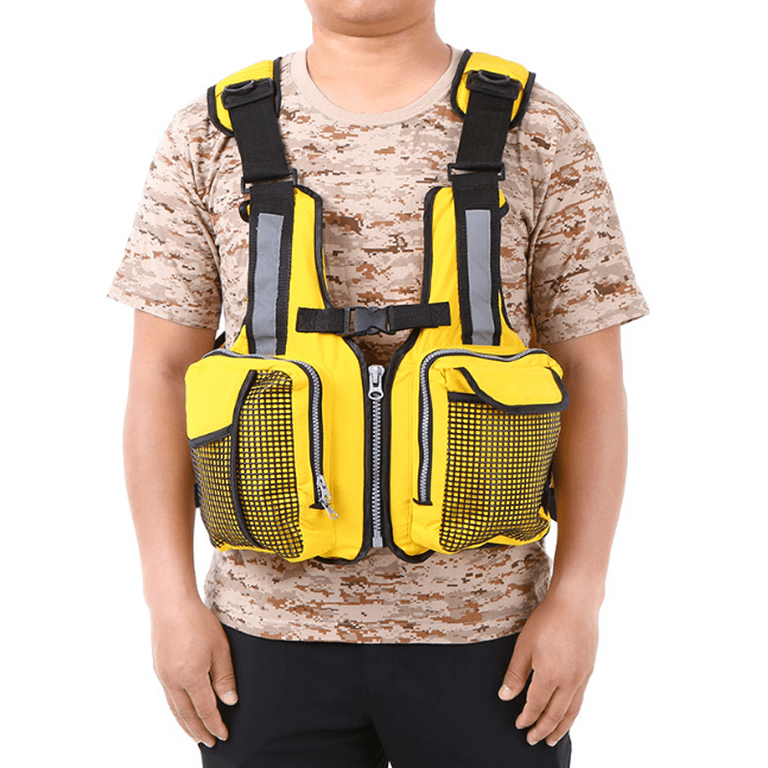 EQWLJWE Adult Life Jacket Fly Fishing Jacket Vest For Men,Multi-Pockets  With Water Bottle Holder For Kayaking Sailing Boating Water Sports Yellow