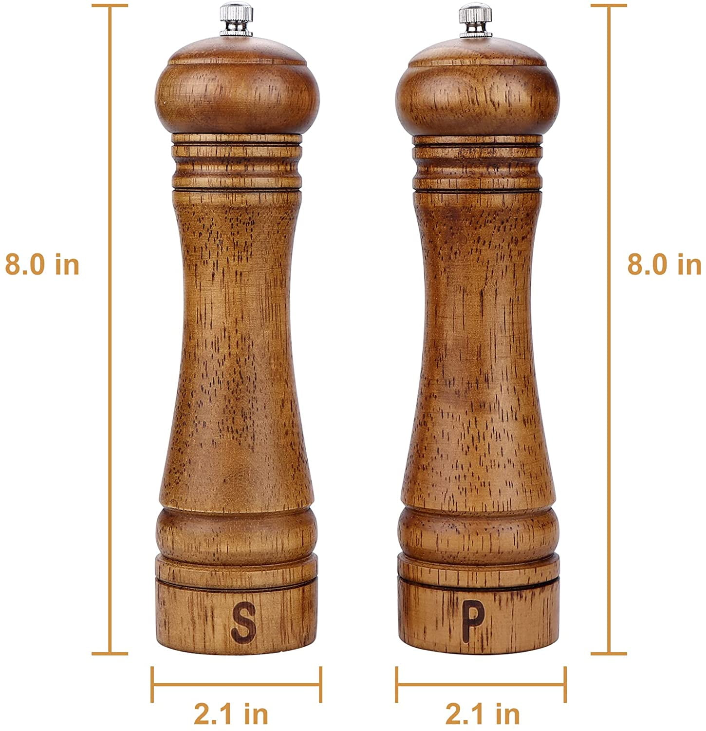 ® Wood Pepper Grinder Pepper Mill,Adjustable Coarseness 8 Inch Wooden Peppermill, Ceramic Grinding Mechanism Salt Mill Refillable (2 pack)