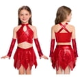 thumbnail image 5 of inlzdz Girls Sequin 3 Piece Dance Outfits Halter Crop Top with Skirt Gloves Set Jazz Latin Ballroom Dancewear Red 6, 5 of 6